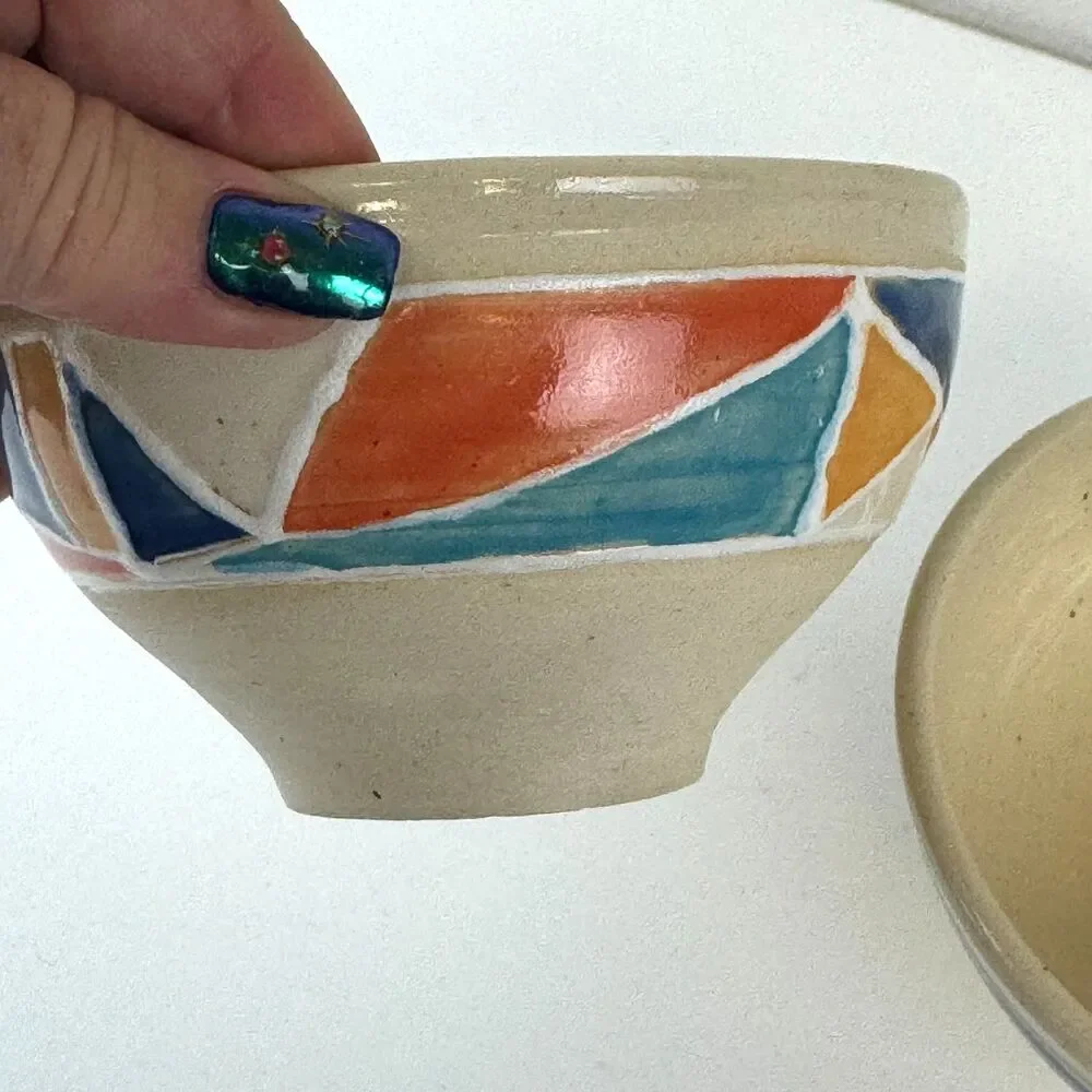 Handmade Ceramic Stoneware Nesting Bowls Colorful Abstract Geometric Design 2003